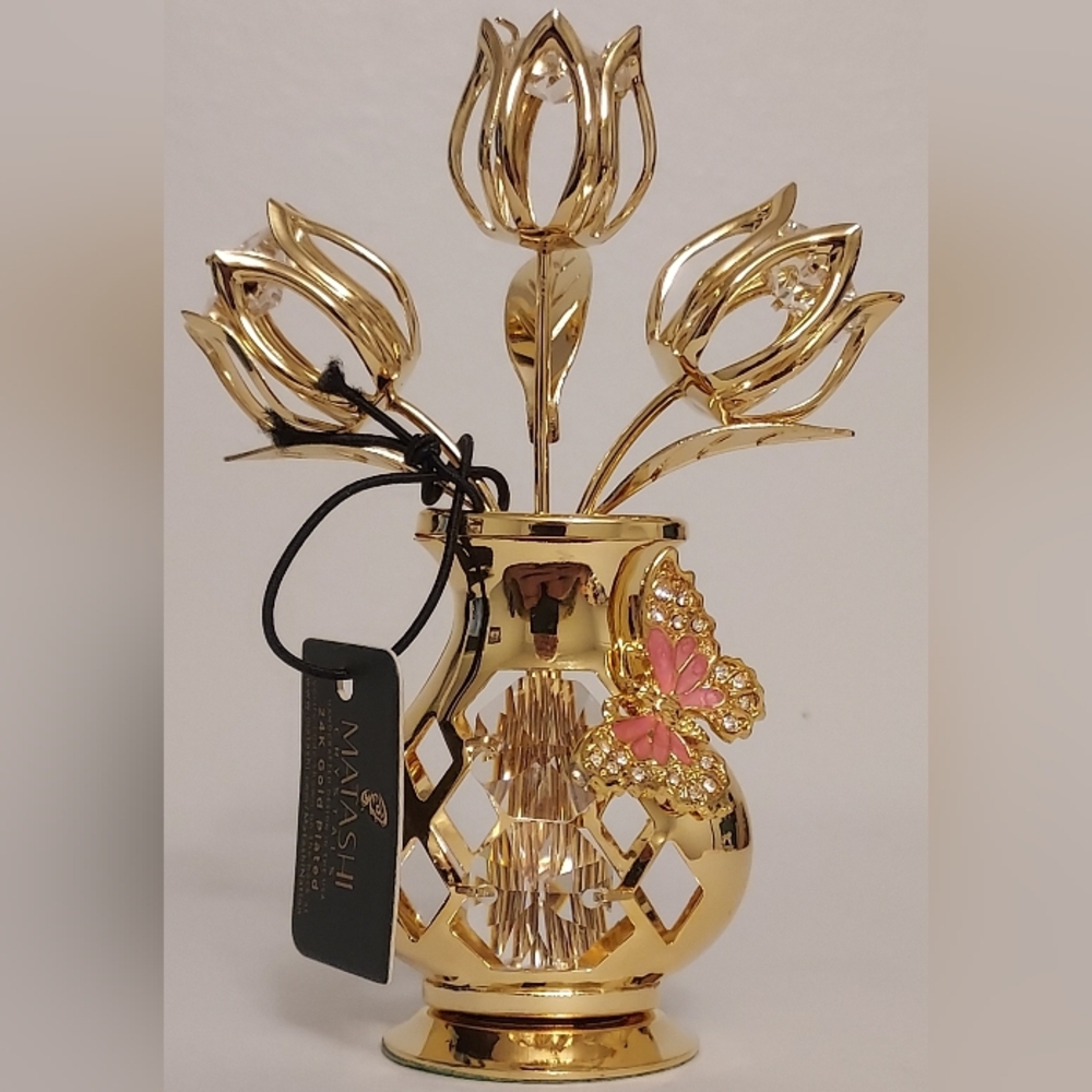 Matashi 24K Gold Plated Crystal Flower Ornament Vase Decorative Butterfly